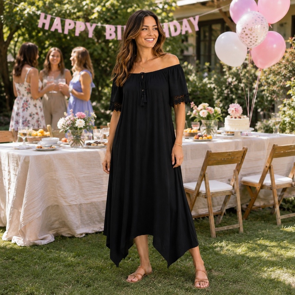 Off Shoulder Dress Black Handkerchief Hem Tassel Tie Casual Midi Dress‎ Womens